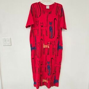 Nanso Finland Sz Small Cat Print T-Shirt Dress Red Abstract Cotton Modal Midi